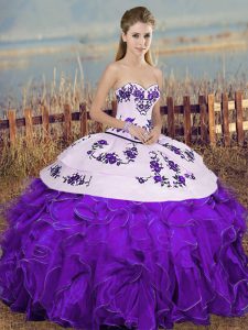 Most Popular White And Purple Sweetheart Neckline Embroidery and Ruffles and Bowknot Ball Gown Prom Dress Sleeveless Lace Up