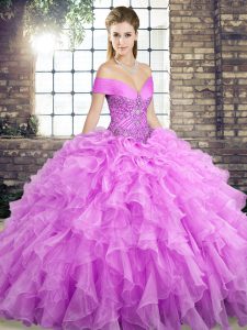 On Sale Lilac Organza Lace Up Quince Ball Gowns Sleeveless Brush Train Beading and Ruffles