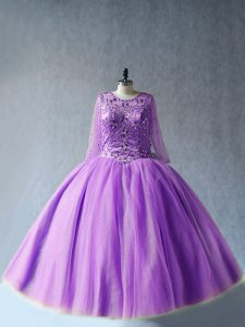 Lavender Tulle Lace Up Quince Ball Gowns Long Sleeves Floor Length Beading
