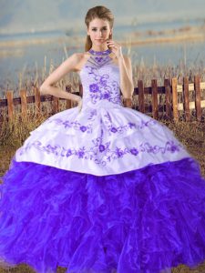 Blue Halter Top Lace Up Embroidery and Ruffles 15 Quinceanera Dress Court Train Sleeveless
