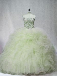 Sleeveless Beading Lace Up 15 Quinceanera Dress with Yellow Green Brush Train