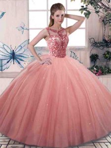 Smart Watermelon Red Scoop Lace Up Beading Quinceanera Gown Sleeveless