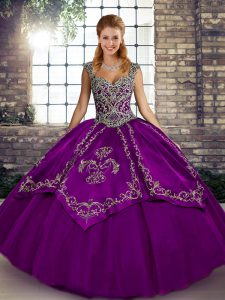 High End Purple Quinceanera Gown Military Ball and Sweet 16 and Quinceanera with Beading and Embroidery Straps Sleeveless Lace Up