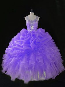 Designer Lavender Straps Neckline Beading and Ruffles and Pick Ups 15 Quinceanera Dress Sleeveless Zipper