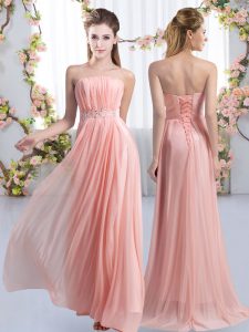 Spectacular Pink Empire Chiffon Strapless Sleeveless Beading Lace Up Quinceanera Court of Honor Dress Sweep Train