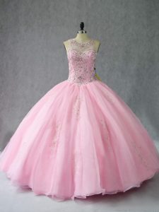 Baby Pink Scoop Lace Up Beading Sweet 16 Quinceanera Dress Sleeveless