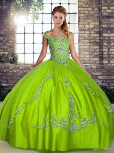Simple Green Tulle Lace Up Quince Ball Gowns Sleeveless Floor Length Beading and Embroidery
