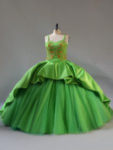 Low Price Sleeveless Beading and Embroidery and Pick Ups Lace Up Quince Ball Gowns with Green Court Train