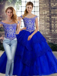 Eye-catching Off The Shoulder Sleeveless Tulle Vestidos de Quinceanera Beading and Lace Brush Train Lace Up