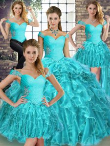 Ball Gowns Sleeveless Aqua Blue Ball Gown Prom Dress Brush Train Lace Up
