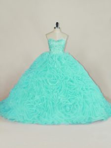On Sale Aqua Blue Ball Gowns Sweetheart Sleeveless Fabric With Rolling Flowers Court Train Lace Up Beading and Ruffles Ball Gown Prom Dress