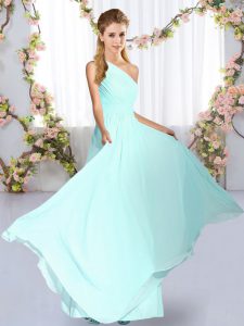 Glamorous Empire Quinceanera Court Dresses Blue One Shoulder Chiffon Sleeveless Floor Length Lace Up