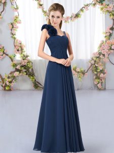 Ideal Straps Sleeveless Quinceanera Court Dresses Floor Length Hand Made Flower Navy Blue Chiffon