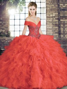 Sweet Coral Red Lace Up Off The Shoulder Beading and Ruffles Quinceanera Gowns Tulle Sleeveless