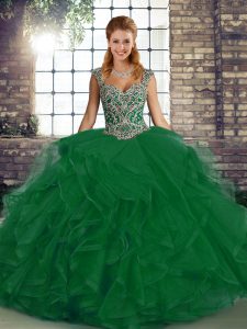 Adorable Floor Length Green Sweet 16 Quinceanera Dress Tulle Sleeveless Beading and Ruffles