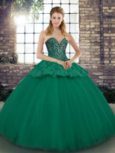 Delicate Floor Length Lace Up Sweet 16 Dresses Green for Military Ball and Sweet 16 and Quinceanera with Beading and Appliques