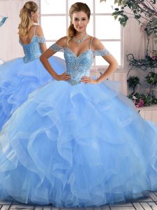 Romantic Ball Gowns Vestidos de Quinceanera Blue Off The Shoulder Tulle Sleeveless Floor Length Lace Up