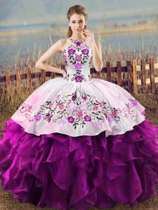 Pink And White Organza Lace Up Halter Top Sleeveless Floor Length Quinceanera Dress Embroidery and Ruffles