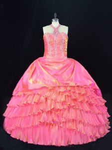 Edgy Rose Pink Halter Top Lace Up Beading and Ruffled Layers Quinceanera Gown Sleeveless