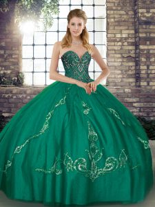 Turquoise Sleeveless Floor Length Beading and Embroidery Lace Up Quinceanera Gowns