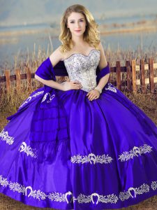 Blue Satin Lace Up Sweetheart Sleeveless Floor Length Quinceanera Gown Beading and Embroidery