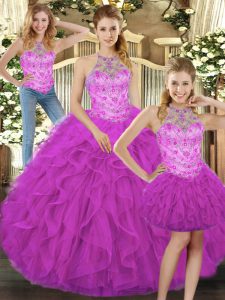 Lovely Fuchsia Sleeveless Tulle Lace Up Sweet 16 Quinceanera Dress for Military Ball and Sweet 16 and Quinceanera