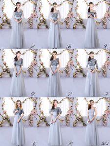 Glamorous Floor Length Grey Quinceanera Court of Honor Dress V-neck Sleeveless Lace Up