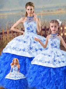 Enchanting Blue And White Halter Top Lace Up Embroidery and Ruffles Quinceanera Gown Court Train Sleeveless