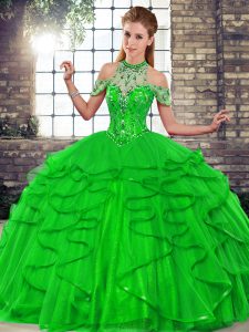 Floor Length Lace Up Sweet 16 Dresses Green for Military Ball and Sweet 16 and Quinceanera with Beading and Ruffles