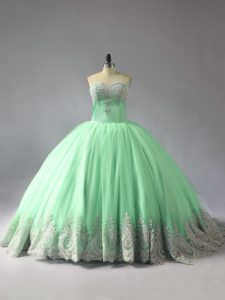 Custom Fit Court Train Ball Gowns Quince Ball Gowns Apple Green Sweetheart Tulle Sleeveless Lace Up