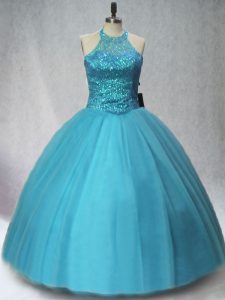 Fantastic Teal Sleeveless Floor Length Beading Lace Up Ball Gown Prom Dress
