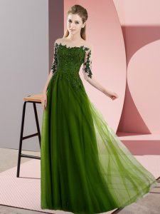 Deluxe Beading and Lace Quinceanera Court Dresses Olive Green Lace Up Half Sleeves Floor Length