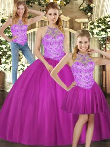 Amazing Sleeveless Tulle Floor Length Lace Up Quinceanera Dresses in Fuchsia with Beading