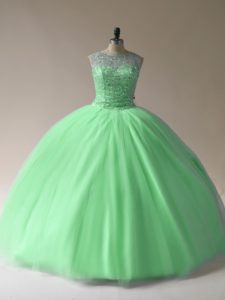 Customized Tulle Lace Up Scoop Sleeveless Floor Length Quinceanera Gown Beading