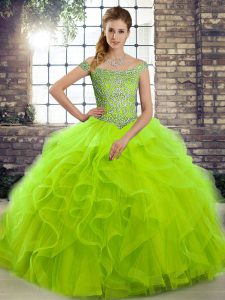 Off The Shoulder Sleeveless Brush Train Lace Up Quince Ball Gowns Tulle