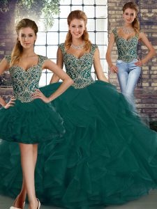 Ideal Peacock Green Three Pieces Tulle Straps Sleeveless Beading and Ruffles Floor Length Lace Up 15 Quinceanera Dress
