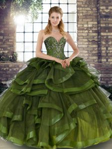 Spectacular Olive Green Sleeveless Floor Length Beading and Ruffles Lace Up Ball Gown Prom Dress