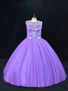 Lavender Tulle Lace Up 15 Quinceanera Dress Sleeveless Floor Length Beading