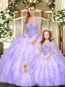 Flirting Lavender Strapless Lace Up Beading and Appliques and Ruffles Quinceanera Dresses Sleeveless