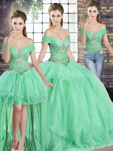 Fashionable Apple Green Off The Shoulder Lace Up Beading and Ruffles Quinceanera Gowns Sleeveless