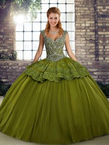 Customized Olive Green Sleeveless Beading and Appliques Floor Length Quinceanera Gowns