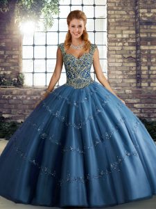 Blue Ball Gowns Beading and Appliques Sweet 16 Dresses Lace Up Tulle Sleeveless Floor Length