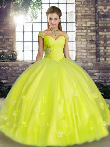 Yellow Green Tulle Lace Up Sweet 16 Quinceanera Dress Sleeveless Floor Length Beading and Appliques