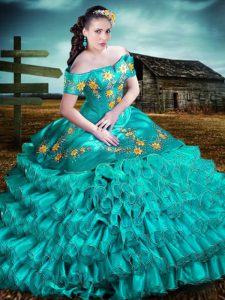 Embroidery and Ruffles Sweet 16 Quinceanera Dress Aqua Blue Lace Up Sleeveless Floor Length