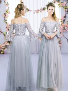 Beautiful Empire Quinceanera Court of Honor Dress Grey Off The Shoulder Tulle 3 4 Length Sleeve Floor Length Lace Up