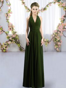 Perfect Olive Green Lace Up Halter Top Ruching Court Dresses for Sweet 16 Chiffon Sleeveless