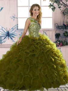 Olive Green Scoop Neckline Beading and Ruffles Quinceanera Gown Sleeveless Lace Up