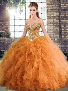 Stunning Sleeveless Floor Length Beading and Ruffles Lace Up 15th Birthday Dress with Orange
