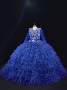 Long Sleeves Floor Length Beading and Ruffled Layers Lace Up Quinceanera Gowns with Royal Blue