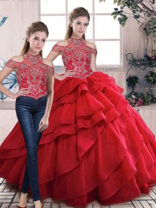 High Class Red Two Pieces Halter Top Organza Lace Up Beading and Ruffles Vestidos de Quinceanera